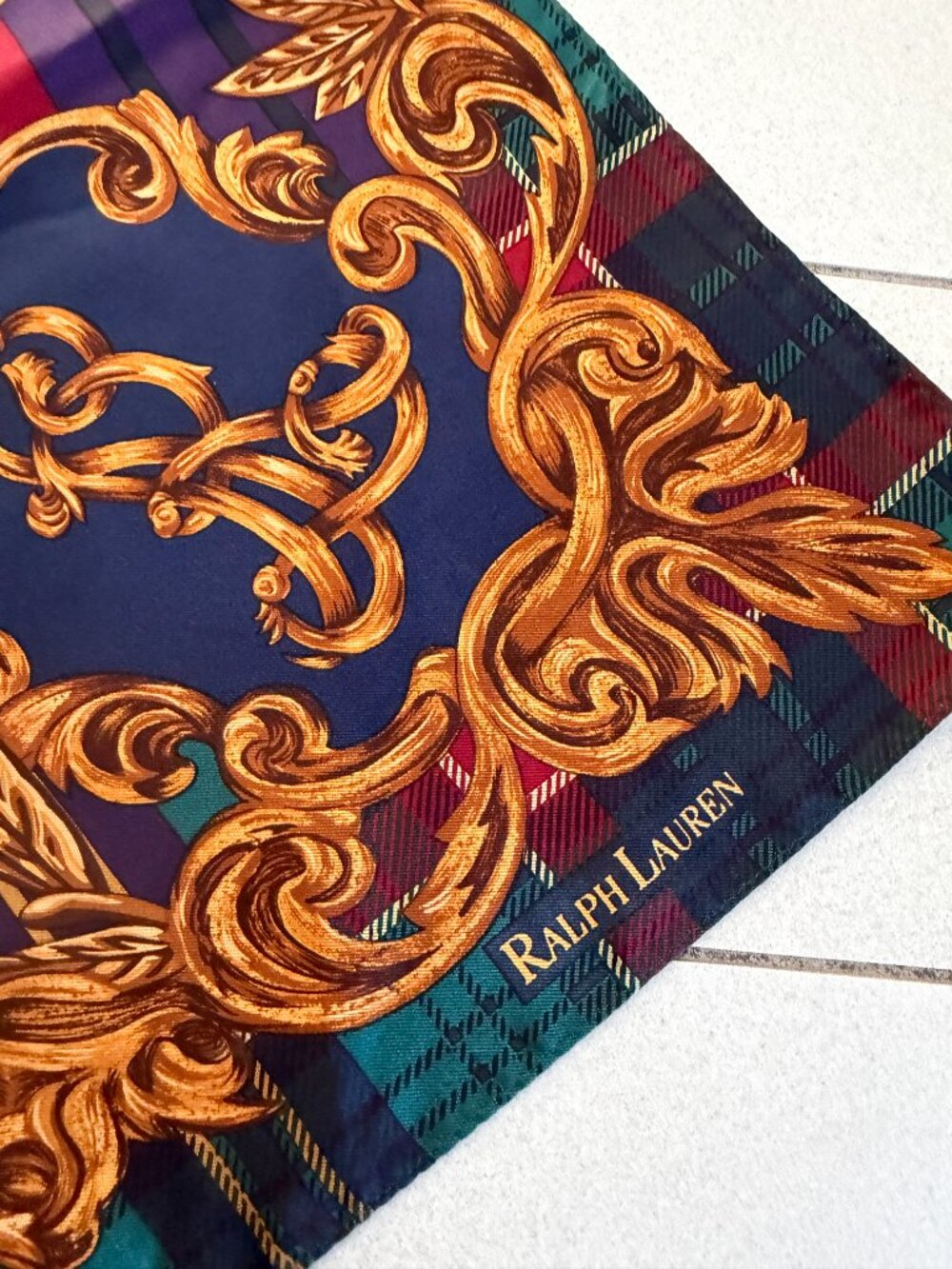 80's 90's Ralph Lauren Lion Crest Tartan & Stripe Silk Scarf - Picture 2 of 5